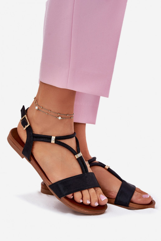 Feminin Flache Sandalen mit Streifen S.Barski KV51-120 schZuarze Farbe Feminin Flache Sandalen mit Streifen S.Barski KV51-120 schZuarze Farbe