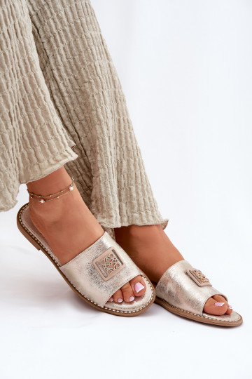 Platte slippers voor dames met ornamenten S.Barski KV51-089 gouden kleur