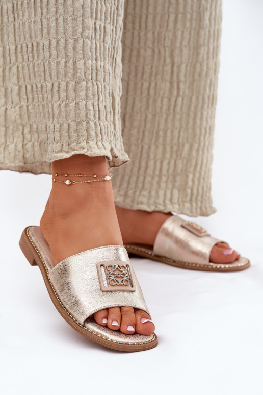 Platte slippers voor dames met ornamenten S.Barski KV51-089 gouden kleur