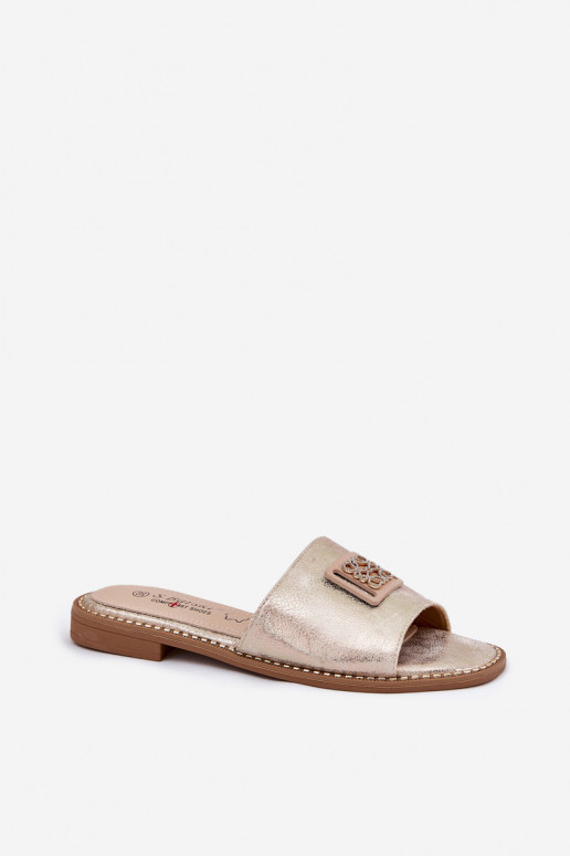 Platte slippers voor dames met ornamenten S.Barski KV51-089 gouden kleur