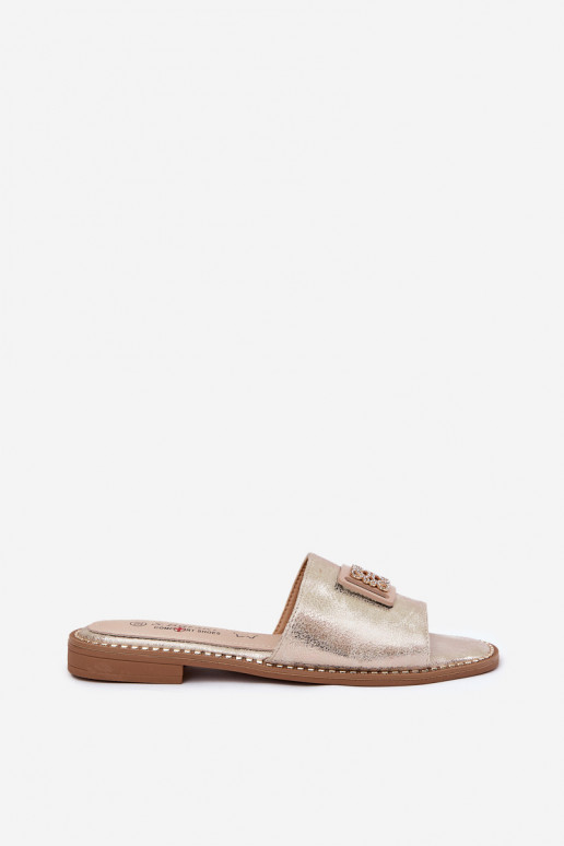 Platte slippers voor dames met ornamenten S.Barski KV51-089 gouden kleur