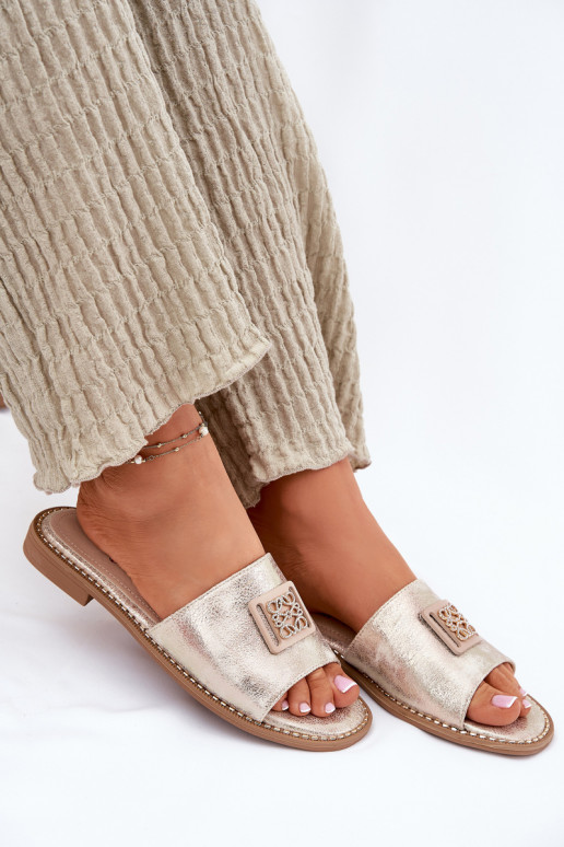 Platte slippers voor dames met ornamenten S.Barski KV51-089 gouden kleur