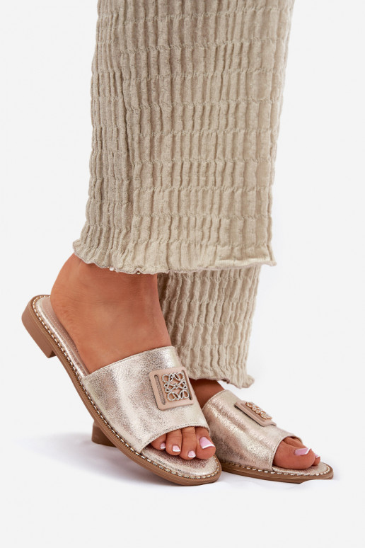 Platte slippers voor dames met ornamenten S.Barski KV51-089 gouden kleur
