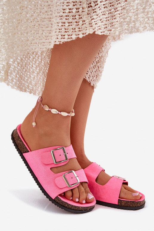 Damenhausschuhe mit Schnallen Neon pinke Farbe Oliena Damenhausschuhe mit Schnallen Neon pinke Farbe Oliena