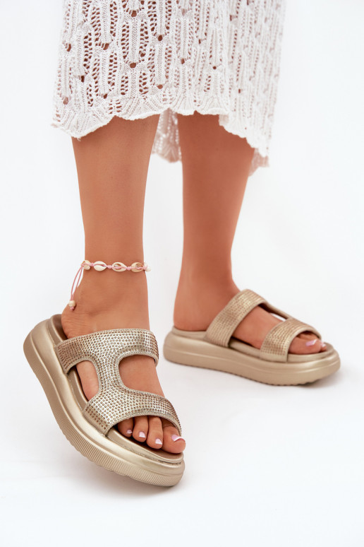 Versierd Damespantoffels met platform gouden kleur Jestella