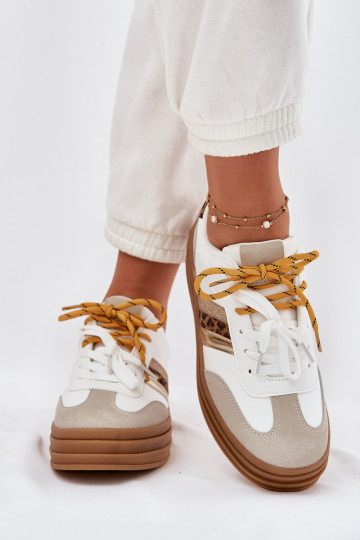 Witte dames sneakers in sportstijl met platform, dubbele veters en luipaardprint, „Niteria"