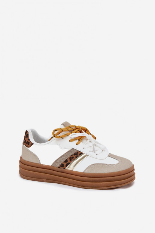 Chaussures modèle baskets Féminin avec une plateforme Z PodÀójnym Laçagem avec des motifs en fourrure de léopard couleur blanche