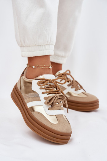 Baskets de style sportif pour femmes couleur or avec plateforme, lacets doubles et motif léopard, "Niteria"
