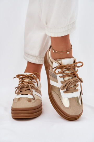 Goldfarbene sportliche Damenschuhe mit Plateausohle, doppelten Schnürsenkeln und Leopardenmuster, „Niteria" 2