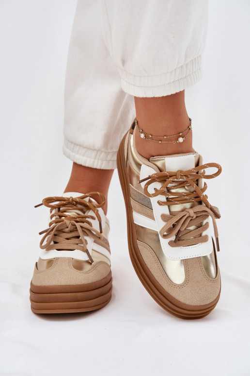 Chaussures modèle baskets Féminin avec une plateforme Z PodÀójnym Laçagem avec des motifs en fourrure de léopard couleur dorée N