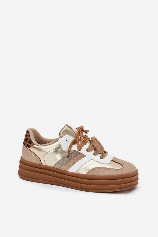 Chaussures modèle baskets Féminin avec une plateforme Z PodÀójnym Laçagem avec des motifs en fourrure de léopard couleur dorée N