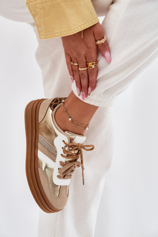 Chaussures modèle baskets Féminin avec une plateforme Z PodÀójnym Laçagem avec des motifs en fourrure de léopard couleur dorée N