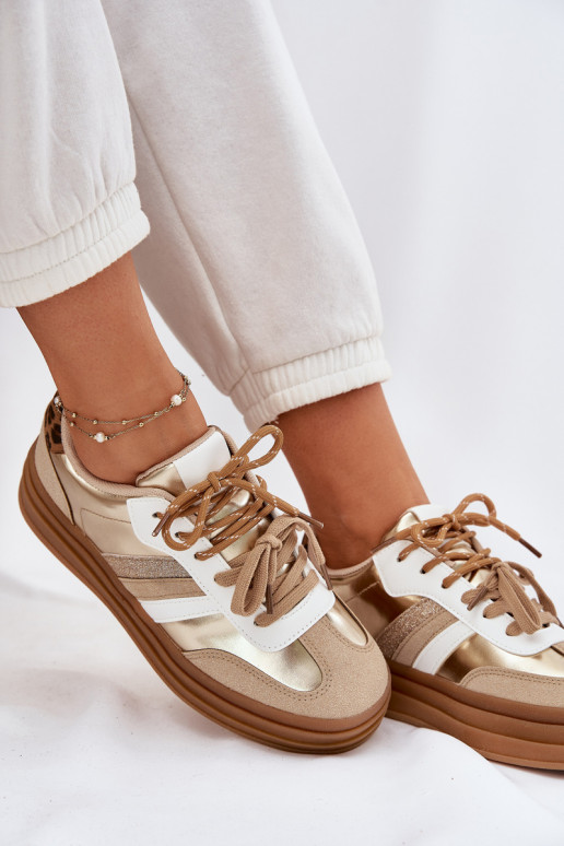 Chaussures modèle baskets Féminin avec une plateforme Z PodÀójnym Laçagem avec des motifs en fourrure de léopard couleur dorée N