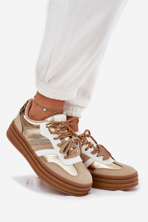 Chaussures modèle baskets Féminin avec une plateforme Z PodÀójnym Laçagem avec des motifs en fourrure de léopard couleur dorée N