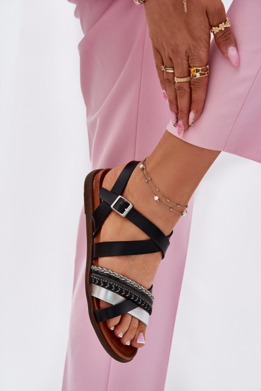 Feminin flache Sandalen mit Streifen Sergio Leone SK087H schZuarze Farbe Feminin flache Sandalen mit Streifen Sergio Leone SK087H schZuarze Farbe