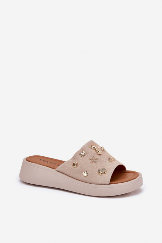 Dames suède pantoffels Z Przypinkami Vinceza 66741 beige Dames suède pantoffels Z Przypinkami Vinceza 66741 beige