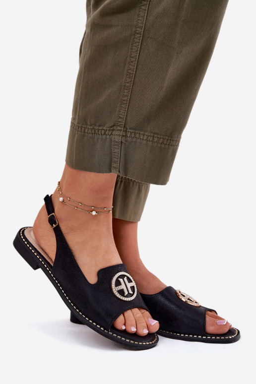 Sandales pour femmes avec des talons larges avec des ornements S.Barski KV51-002 couleur noire