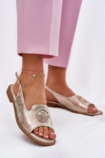 Dames sandalen met brede hakken met ornamenten S.Barski KV51-002 gouden kleur