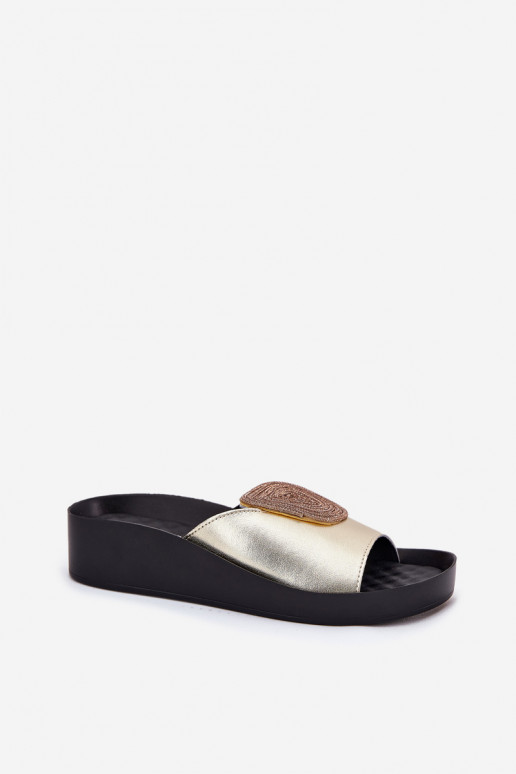Peau Féminin Chaussons avec des ornements KV51-028 couleur dorée Peau Féminin Chaussons avec des ornements KV51-028 couleur dorée