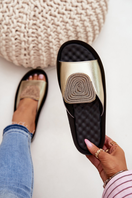 Leer Dames Slippers met ornamenten KV51-028 gouden kleur Leer Dames Slippers met ornamenten KV51-028 gouden kleur