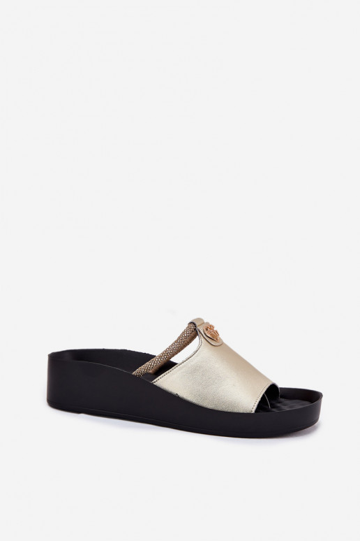 Leer Dames Slippers met versierde hakken KV51-034 gouden kleur Leer Dames Slippers met versierde hakken KV51-034 gouden kleur