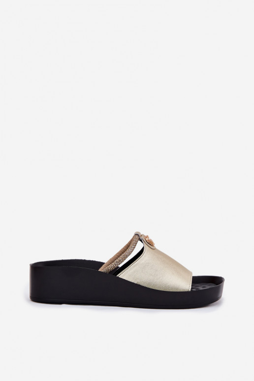 Leer Dames Slippers met versierde hakken KV51-034 gouden kleur Leer Dames Slippers met versierde hakken KV51-034 gouden kleur