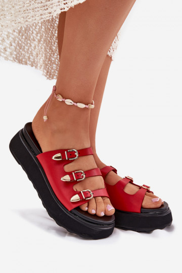 Damen-Pantoletten mit Plateau und Riemen Nimiotte in Rot 2