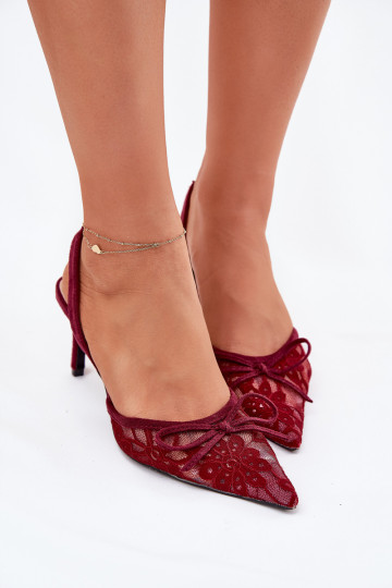 mit Spitzenmotiven hochhackige Schuhe mit offener Ferse Burgund Annivirae 2