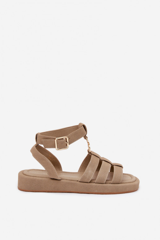 Damensandalen mit einer Plattform Ze goldene Farbem Detalem Khaki-Farbe Kartia