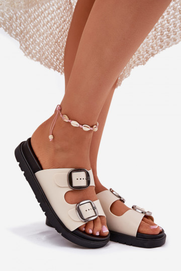 Dames slippers met gespen en platform Elamas zandkleur