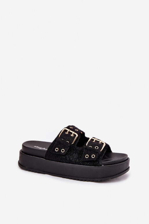 Damenhausschuhe Ze goldene Farbemi mit Schnallenmi mit einer Plattform schZuarze Farbe Virvania