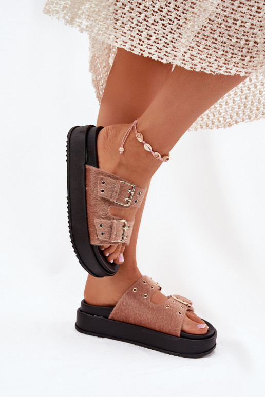 Pantoufles pour femmes Ze couleur doréemi avec bouclesmi avec une plateforme beige Virvania