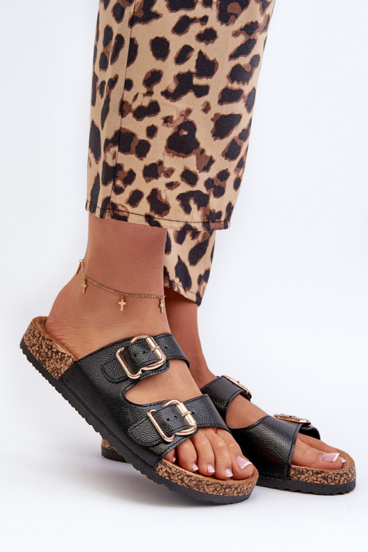 Damenhausschuhe mit Schnallen schZuarze Farbe Fronila