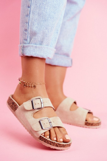 Dames Slippers Op Korek met gespen beige Si Senor