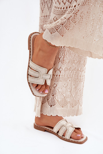 Gedecoriseerde slippers met brede hakken Anniles zandkleur