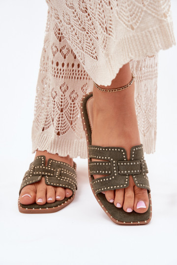 Gedecoriseerde slippers met brede hakken Anniles groen 2