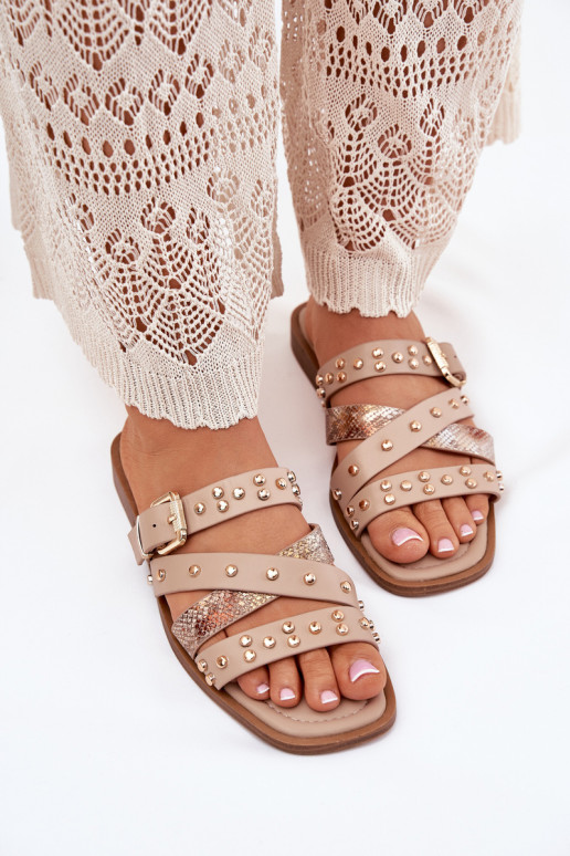 Décoré Pantoufles pour femmes avec des talons larges avec des bandes I avec boucles beige Il fautnitte Décoré Pantoufles pour femmes avec des talons larges avec des bandes I avec boucles beige Il fautnitte