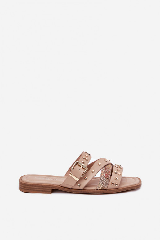 Dekoriert Damenhausschuhe mit breiten Absätzen mit Streifen I mit Schnallen Beige Es mussnitte Dekoriert Damenhausschuhe mit breiten Absätzen mit Streifen I mit Schnallen Beige Es mussnitte