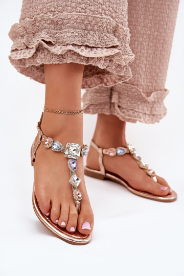 Damensandalen mit breiten Absätzen mit leuchtenden Augen roségoldene Farbe Fiolalia 2