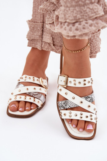 Mules décorées à talons larges avec lanières et boucles Tai turinitte couleur blanche