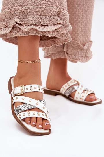 Mules décorées à talons larges avec lanières et boucles Tai turinitte couleur blanche 2
