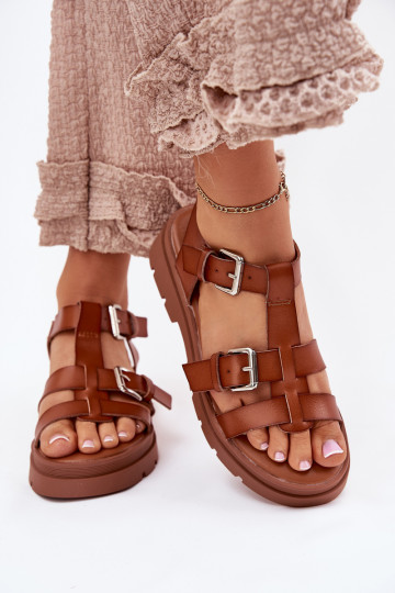 Damensandalen Eko Haut mit Schnallen braune Farbe Jeneliena 2