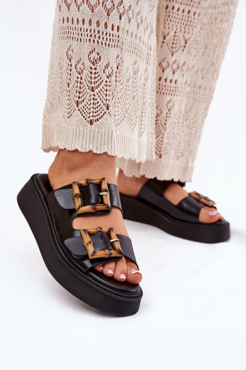 Eko Pantoufles en cuir Féminin avec une plateforme avec boucles couleur noire Xanivia 2