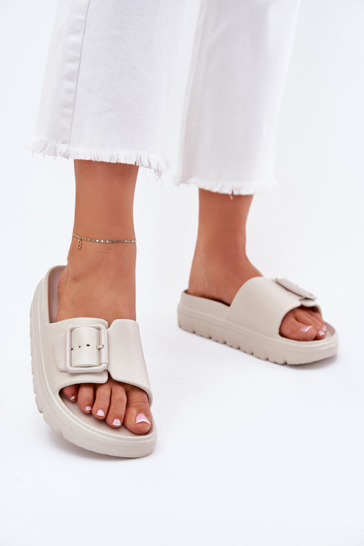 Damespantoffels LichtgeInicht pantoffels met platform met gespen beige Viasara Damespantoffels LichtgeInicht pantoffels met platform met gespen beige Viasara
