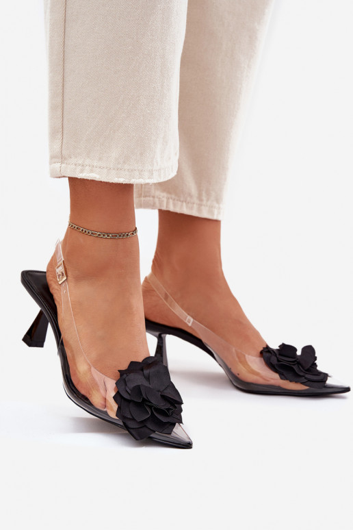 Voir à travers des sandales avec des talons fins Avec des décorations Une fleur couleur noire Risalie