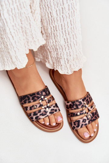 Platte dames slippers met gouden details Noroti met luipaardprint
