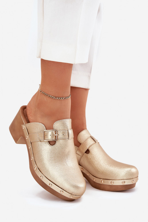 Slippers Klompen Dames met hakken met gespen gouden kleur Veldexina Slippers Klompen Dames met hakken met gespen gouden kleur Veldexina