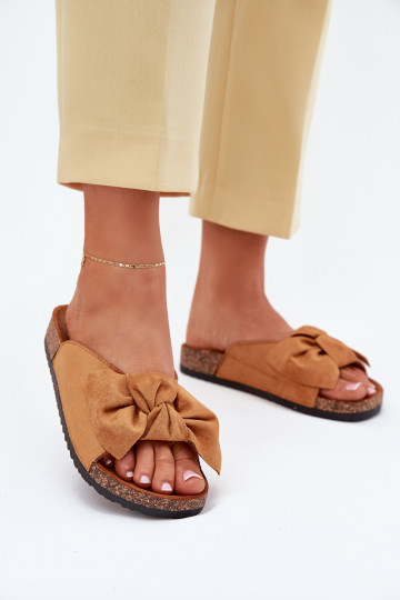 Bruine dames slippers "Seressa" op kurken zool met strik 2