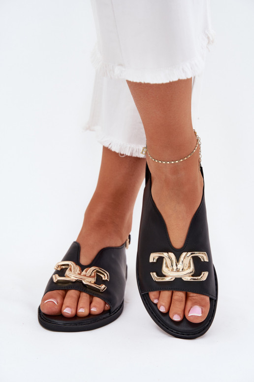 Damensandalen mit breiten Absätzen mit goldenen Details schZuarze Farbe Amelira