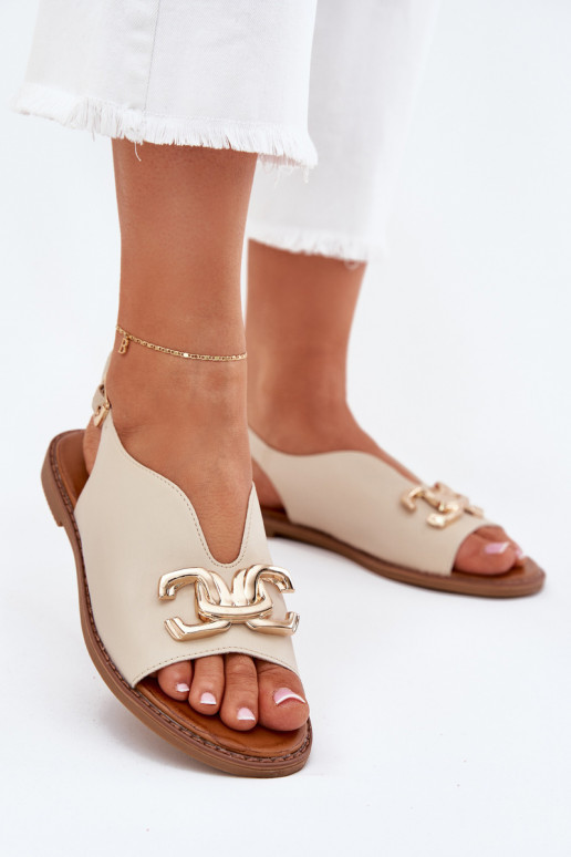 Sandales pour femmes avec des talons larges avec des détails dorés beige Amelira